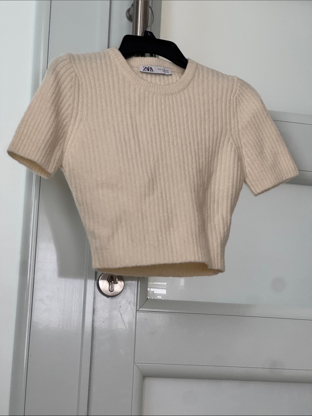 Zara Cream Ribbed Short Sleeve Crop Top